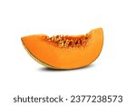 Small photo of Slice of a sugary, sappy cantaloupe melon in a cross-section, isolated on white background with copy space for text or images. Sweet orange flesh with seeds. Pumpkin plant family. Side view.