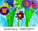 Kid Drawing flowers with paints, Children Artwork