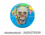 Small photo of Earth Globe with a skull superimposed where you can see Europe, Africa: concept of the end of the world. The skull symbolizes the calamities and catastrophes that will lead to the end of the world.