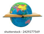 Small photo of Earth globe divided by a book where you see Asia and Australia: concept of division and war. The open book symbolizes the cultures that divide the world and cause discord, dissension and wars.