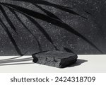 Small photo of Creative Dark stone podium composition. Minimal background for product presentation. natural sunshade shadow on plaster wall. Scene for mock up presentation in minimalism style with copy space