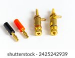 Adapter wire cable electronics audio speaker male banana plug connector isolated on white background.