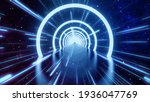 Loop motion of glowing neon ring and dark galaxy star background. Cyber Futuristic High Speed light zoom. Circles laser show fashion. Backdrop beam blur Flare.Abstract Light fast night with way space