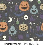 seamless pattern with halloween ... | Shutterstock .eps vector #490168213