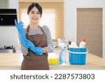 Cheerful young woman housekeeping on weekend.Smiling female house-keeper cleaning apartment, wearing blue rubber gloves with cleaning tools and rags, standing in modern kitchen interior, copy space. 