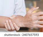 Small photo of De Quervain disease. Occupational disease of the hand. Inflammation of the tendon sheath. pain near the base of the thumb by swelling or inflammation of tendon thumb wrist hurt because using computer