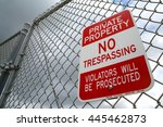 Private Property No Trespassing Violators Will Be Prosecuted Red and White Sign on Chain Link Fence on a Cloudy Afternoon