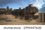 Abandoned ruin of an outpost in the desert of a remote alien planet. Fantasy sci-fi concept 3D illustration.