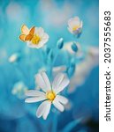 Small photo of Surprisingly beautiful soft elegant white flowers with buds and yellow butterfly on blue background, macro. Exquisite graceful easy airy magic artistic image nature.
