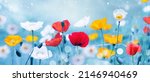 Small photo of Beautiful colorful widescreen flower border of multi-colored poppies in nature close-up on pale blue background with soft selective focus. Light airy artistic image nature.