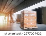 Small photo of Package Boxes Wrapped Plastic Stacked on Pallets Loading into Cargo Container. Loading Dock Distribution Supplies Warehouse. Shipping Supply Chain Shipment. Freight Truck Logistics Cargo Transport