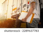 Small photo of Truck Drivers Hold a Clipboard The Checking Container Door. Security of Cargo Shipping. Inspection Safety Checks Before Driving. Delivery Freight Truck Logistics Transport.