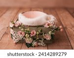 Small photo of Newborn Digital Background Spring flowers Basket Prop for Newborn. For boys and girls. Wood back. shoot set up with prop bed and wood backdrop