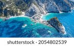Small photo of Aerial view Agia Eleni beach in Kefalonia Island, Greece. Remote beautiful rocky beach with clear emerald water and high white cliffs
