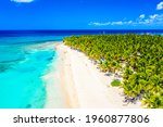 Paradise tropical island nature background. Top aerial drone view of beautiful beach with turquoise sea water and palm trees. Saona island, Dominican republic