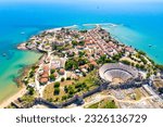 Aerial top drone view of ancient Side town with amphitheater, Antalya Province in Turkey.