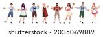 Group of people of different genders, in traditional German costumes. Oktoberfest characters set in retro style with glasses of beer in hands on a white background. Flat cartoon vector illustration