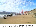 Golden Gate Bridge is Red Bridge seen from Baker Beach in San Francisco, California, United states , USA - Holiday Travel famous building Landmark - Nature Park and outdoor sightseeing