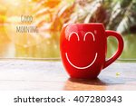 red coffee cup empty front porch the morning. Good morning or Have a happy day message concept