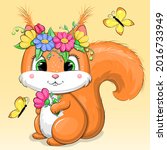 Cute Cartoon Squirrel With...