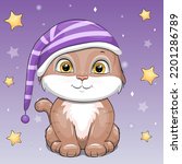 A cute cartoon cat in a nightcap. Night vector illustration with animal on a lilac background with stars.