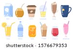 Beverages, drinks set. Milk pack, soda can, glass of juice, cup of coffe and tea and etc. Non-alcoholic beverages. Healthy lifestyles. Isolated vector flat illustration