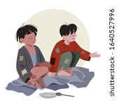 Two poor kids. Sad children in dirty and dud clothes asking for help. Homeless people. Vector illustration in cartoon style