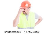 Small photo of Portrait of male constructor forgot to do something as blooper or failure concept isolated on white with copy space area