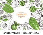 vegetables top view frame.... | Shutterstock .eps vector #1023048859