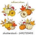 pumpkin and fall leaves bouquet.... | Shutterstock .eps vector #1492735493