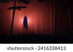 Small photo of spooky night in a forest with fog and an evil spirit with red light among the trees. Halloween concept, apparition, terror and fear. 3d rendering