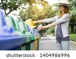 Recycle rubbish waste management people, Woman separate plastic bottle to container recycle bin. Waste separation rubbish to garbage bin, environment care pollution trash recycling management concept.