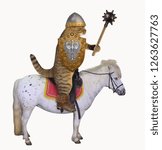 Small photo of The cat knight in a boots with spurs anda helmet holds a spiked mace and a shield on a war horse. White background.