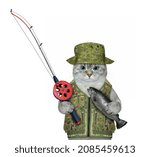 Small photo of An ashen cat fisher with a fishing rod caught a trout. White background. Isolated.