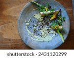 Asparagus and bamboo shoots, herb sauce appetizer, Tamba tachikui plate, Japan
