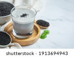 Soy milk mix black sesame on marble background