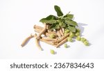 Small photo of Ashwagandha Dry Root Medicinal Herb with Fresh Leaves, also known as Withania Somnifera, Ashwagandha, Indian Ginseng, Poison Gooseberry, or Winter Cherry.