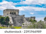 Small photo of Ancient Tulum ruins Mayan site with temple ruins pyramids and artifacts in the tropical natural jungle forest palm trees landscape panorama view in Tulum Mexico.