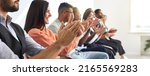 Small photo of Web banner of excited diverse businesspeople clap hands meet welcome presenter or speaker at seminar or conference. Happy audience applaud thanking for presentation. Acknowledgment concept.