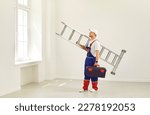 Small photo of Worker, builder or repairman at work. Man in work uniform standing in empty room in new house or apartment, holding his ladder and toolbox and looking up at white wall. Renovation, repairs concept