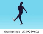 Small photo of Full length portrait of faceless unrecognizable person wearing black skinny bodysuit costume with hat and glasses in sneakers. Incognito funny man walking on a studio blue background.