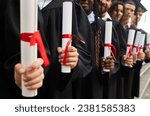 Small photo of University students with diplomas in hands. Group of young people holding educational certificates confirming they have obtained necessary professional qualifications. Crop closeup. Graduation concept