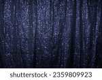 Small photo of Blue Curtains. Sequin Curtains. Beautiful Blue glitter background. Holiday background with Blue sequins. Hanging curtain. Sparkling sequined textile. Navy Blue Draperies