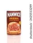 Small photo of Lake Forest, California - USA - February 13, 2024: Sloppy Joe. Manwich brand Original Sloppy Joe Sauce. Isolated on white. Room for text. Can of Manwich original Sloppy Joe Sauce. Lunch Helper. Food.