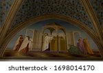 Small photo of Ein Kerem, Jerusalem January 28 2020: Interior of the Church of the Visitation on the site of the house of the cousinen of the Virgin Mary, Elisabeth at Ein Karen in Israel. Zacharias' priesthood