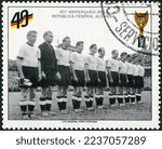 Small photo of MOSCOW, RUSSIA - APRIL 05, 2022: A stamp printed in Republic of Paraguay shows Soccer champion team, The 1954 World Cup, The 40th Anniversary of the Federal Republic of Germany, 1989