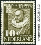 Small photo of MOSCOW, RUSSIA - MAY 10, 2021: A stamp printed in Netherlands shows Janus Dousa (1607-1676), Statesman, 375th anniversary of the founding of the University of Leyden, 1950