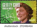 Small photo of UNITED STATES OF AMERICA - CIRCA 2008: A stamp printed in USA shows portrait of Gerty Theresa Cori (1896-1957), biochemist, series American Scientists, circa 2008