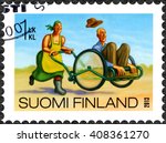 Small photo of HELSINKI, FINLAND - MAY 06, 2013: A stamp printed in Finland shows woman carry man in wheelbarrow, old geezer carting, series Finnish Oddity