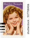 Small photo of LOS ANGELES, USA - APRIL 18, 2016: A stamp printed in USA shows Shirley Temple Black (1928-2014), television actress, singer, dancer, public servant
